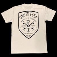 a white t - shirt with a shield and a cross on it